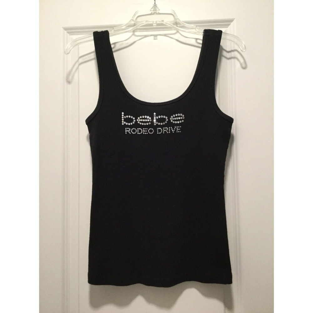 bebe Tank Top Women Large Black Rhinestone Rodeo Drive‎ Logo Ribbed Y2K USA